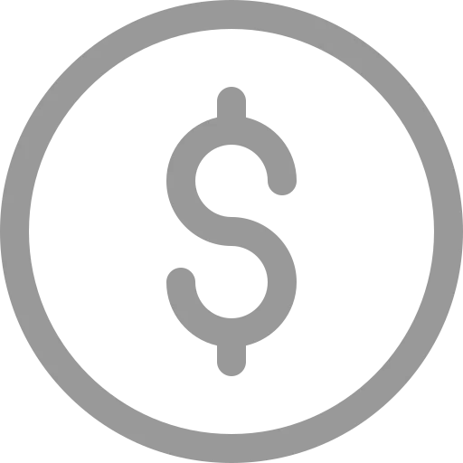 A gray, minimalist dollar sign icon enclosed in a circle, commonly used as a currency or payment symbol.