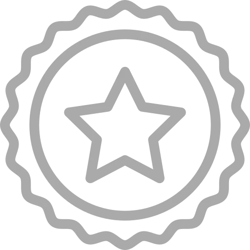 "A grey outline of a star centered within a circular scalloped-edge seal on a transparent background."